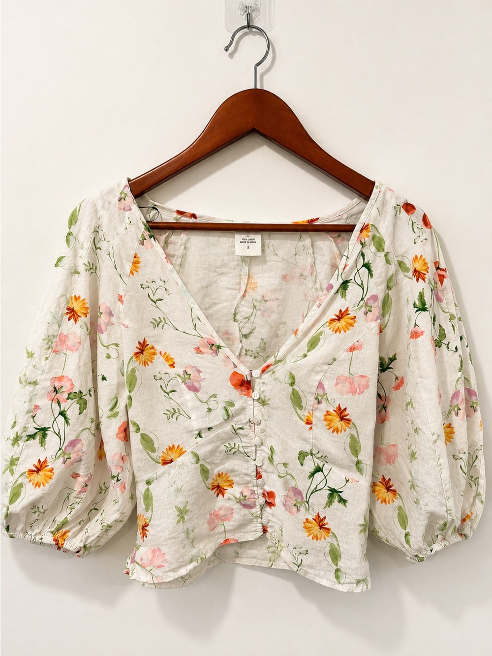 H&M Linen Blend Floral Puff Sleeve Cottagecore Blouse XS - Picture 2 of 7